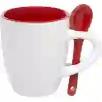 На картинке: Кофейная кружка Pairy с ложкой, красная на белом фоне